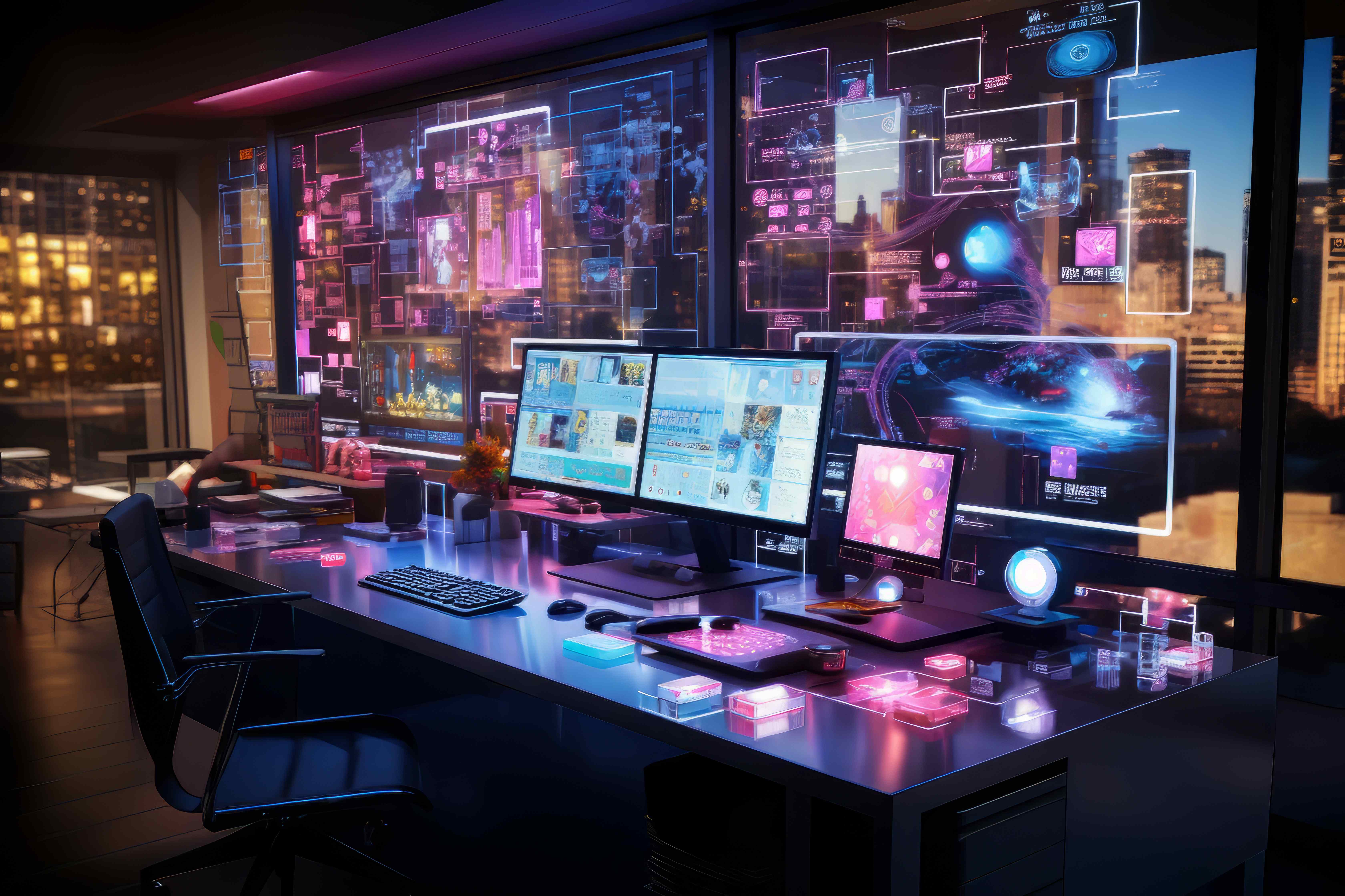 Advanced technical support workspace with multiple monitors and holographic interfaces